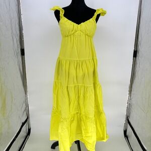Skies are Blue Neon Yellow‎ Maxi Tiered Dress Sleeveless Ruffle Vibrant Small